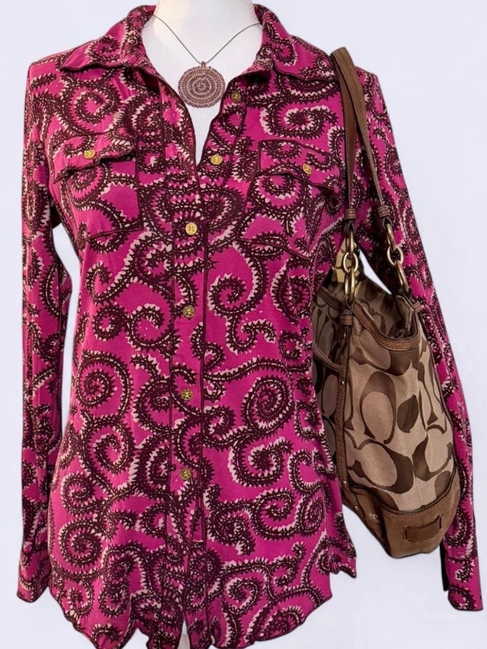Tory Burch Pink Paisley Button Down Shirt Boho Chic